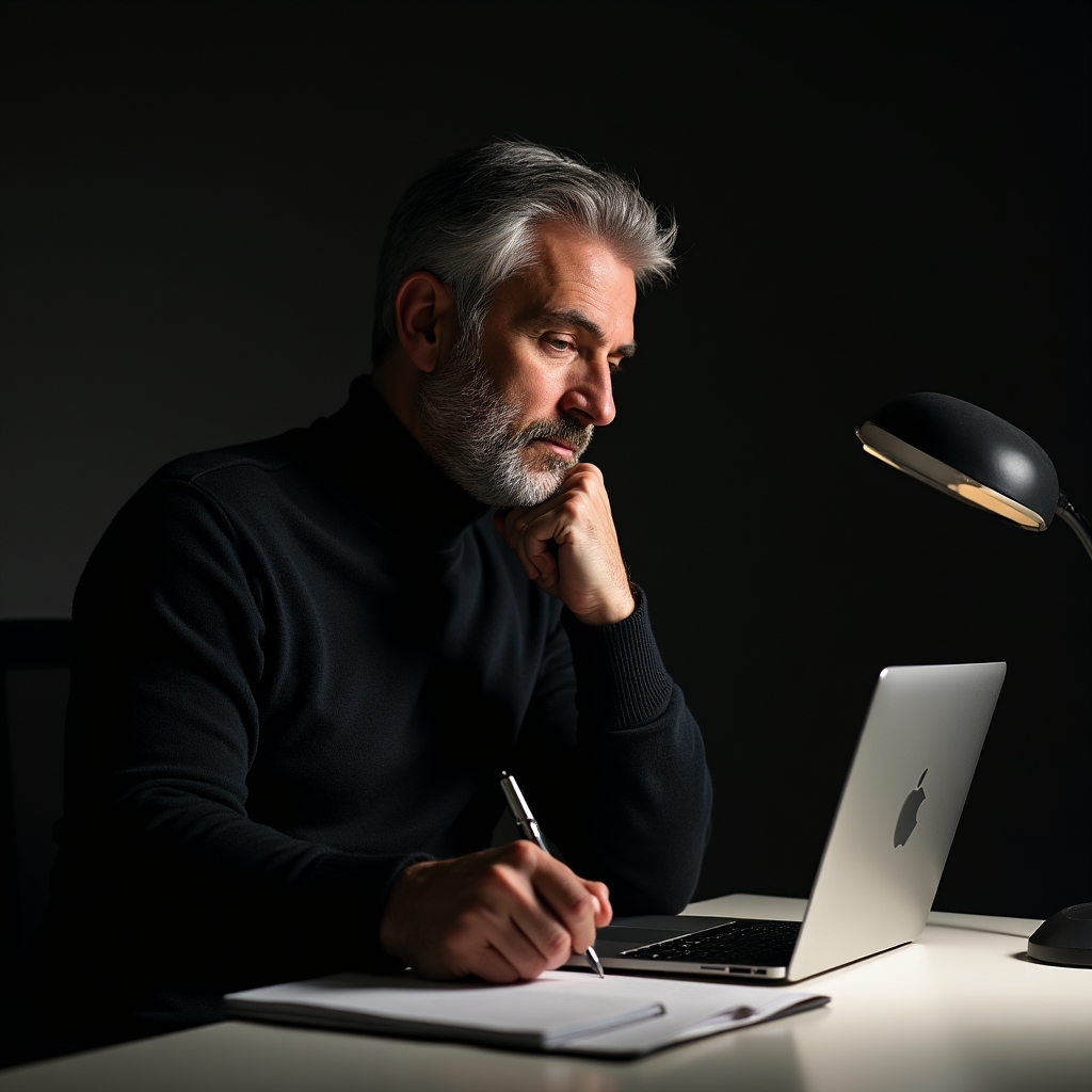 Autor concentrat la birou, gândind strategii de feedback